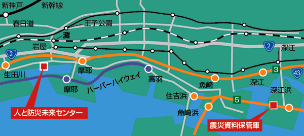 人と防災未来センターと震災資料保管庫の地図