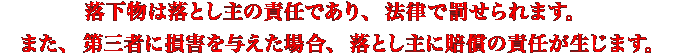 落下物は落とし主の責任であり、法律で罰せられます。また、第三者に損害を与えた場合、落とし主に賠償の責任が生じます。