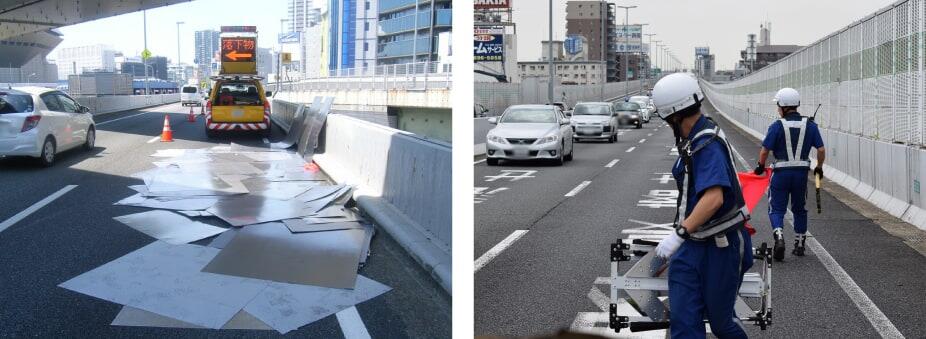 落下物の改修のための車線規制