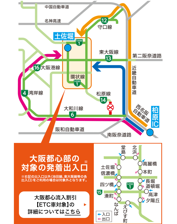 大阪都心部⇔西名阪自動車道・南阪奈道路をご利用の際の料金